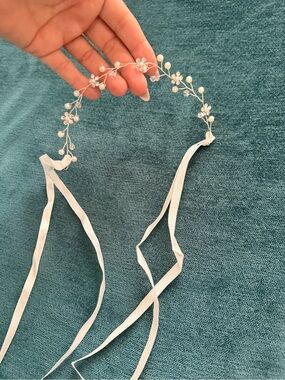 Delicate Pearl Crystal Bridal Hair Vine Tie Headband for Girls - White ribbon
